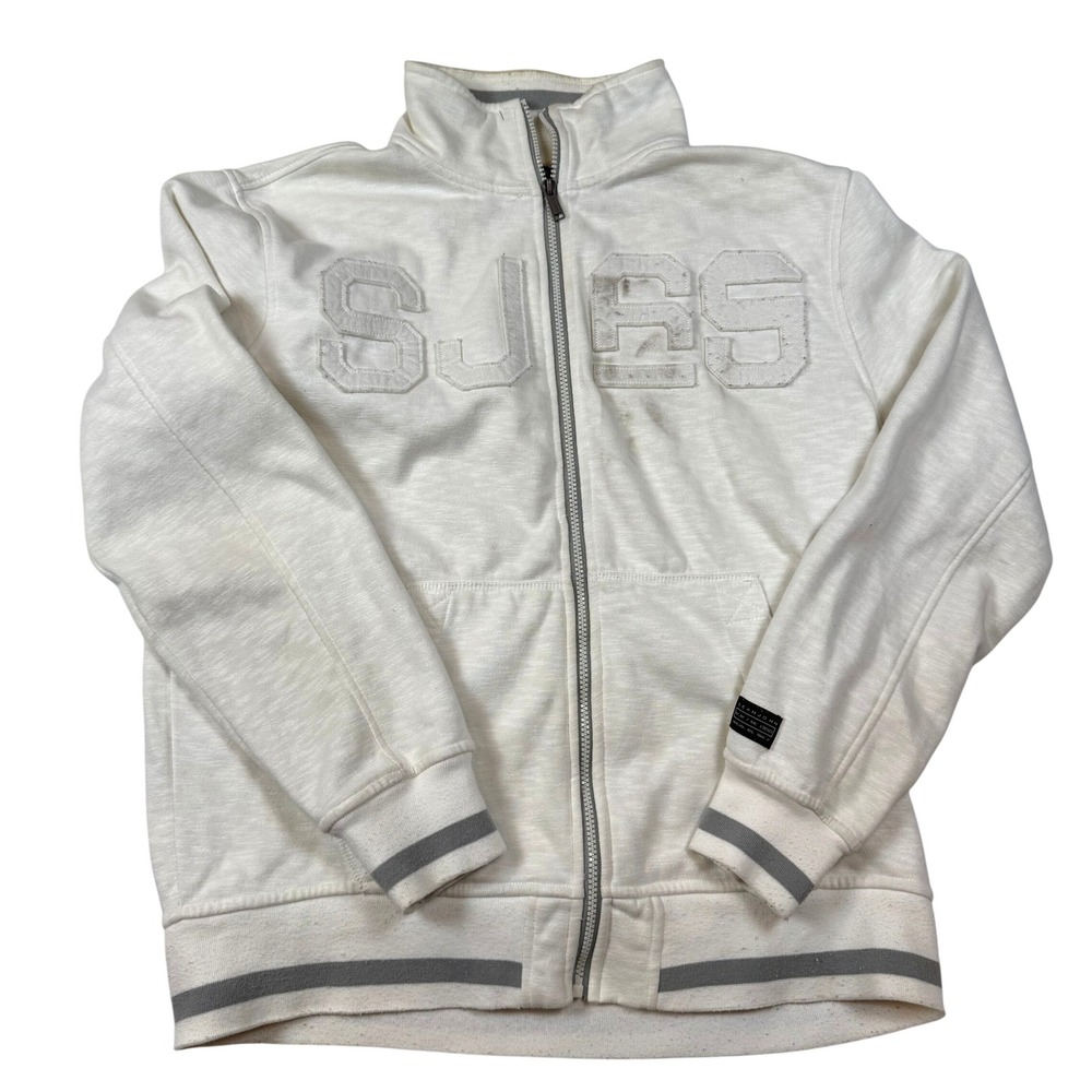 Sean John Full Zip Sweatshirt Mens Large White Y2K Hip Hop SJ Logo Striped Trim
